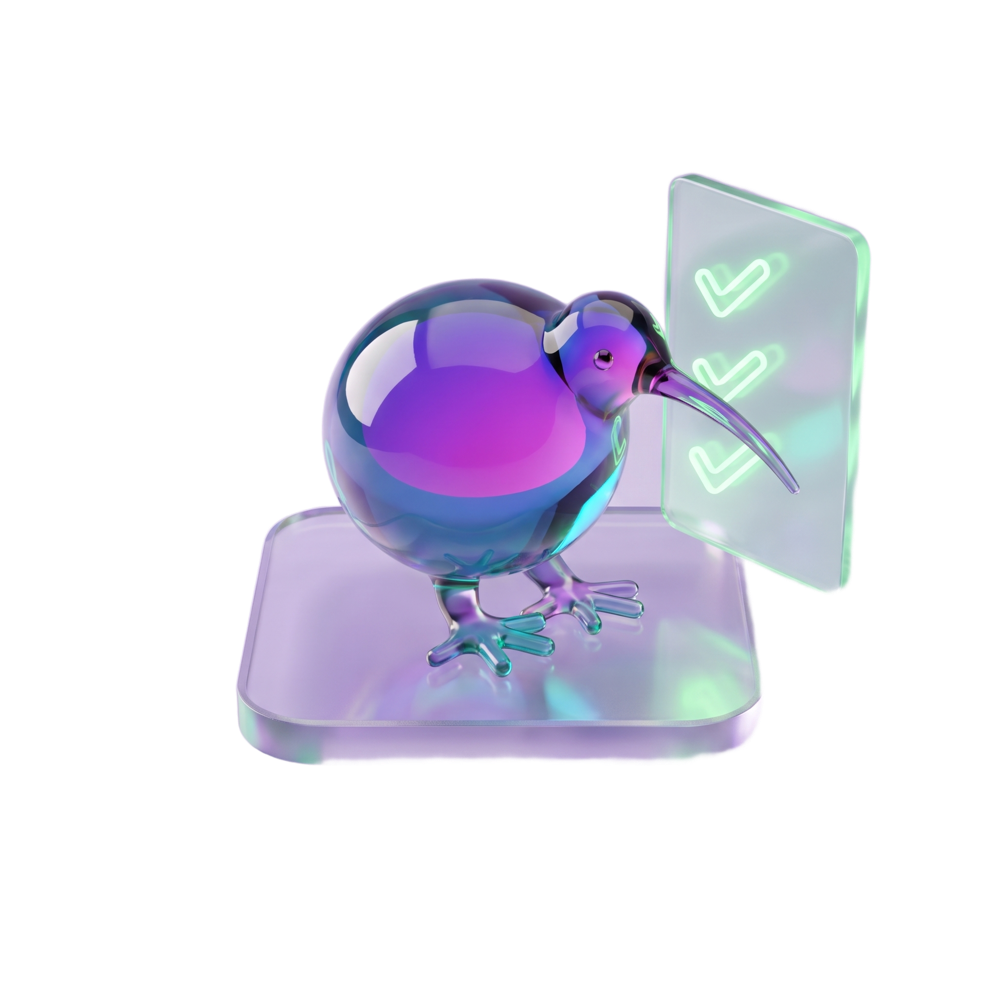 Kiwi, the glass kiwi mascot, with a tablet